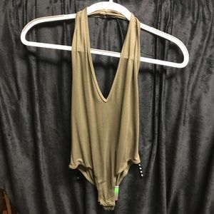 Olive Green Halter Plunge Bodysuit